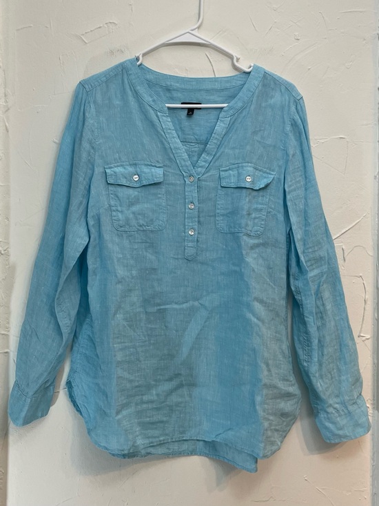 Talbots Tops - Talbots Linen Popover Camp Shirt in Aqua - Casual Coastal Resortwear - Medium